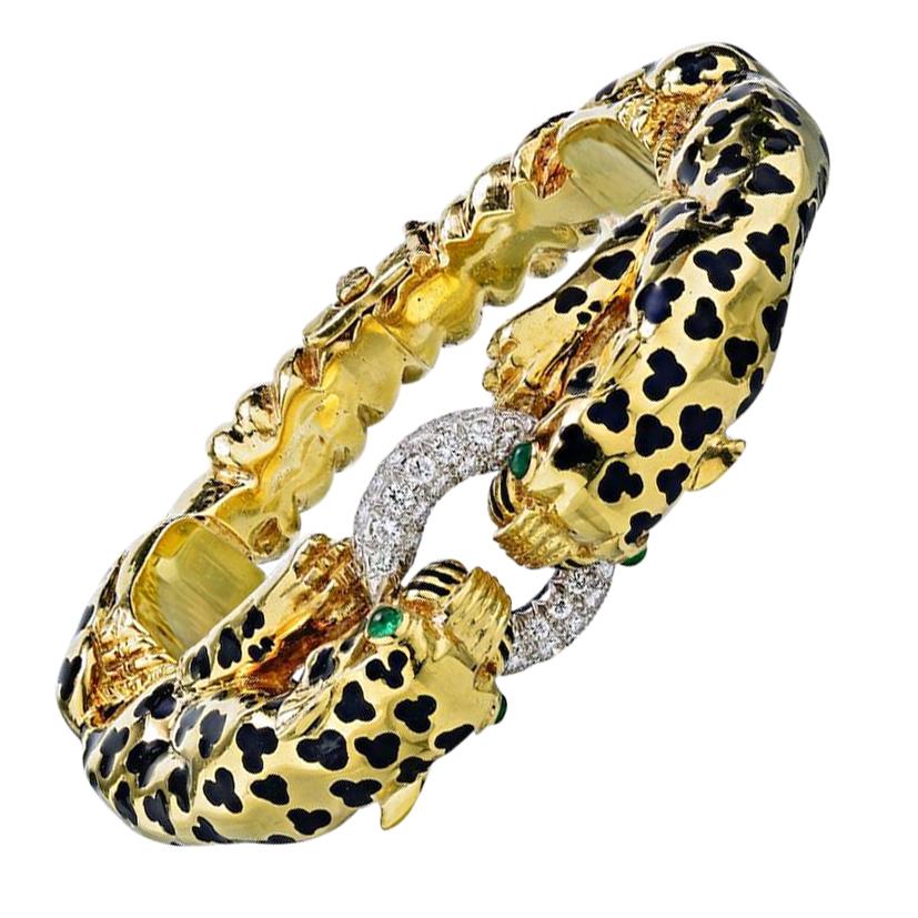 David Webb Gold Vintage 18k Yellow Leopard Double Head Pave Diamond Bracelet