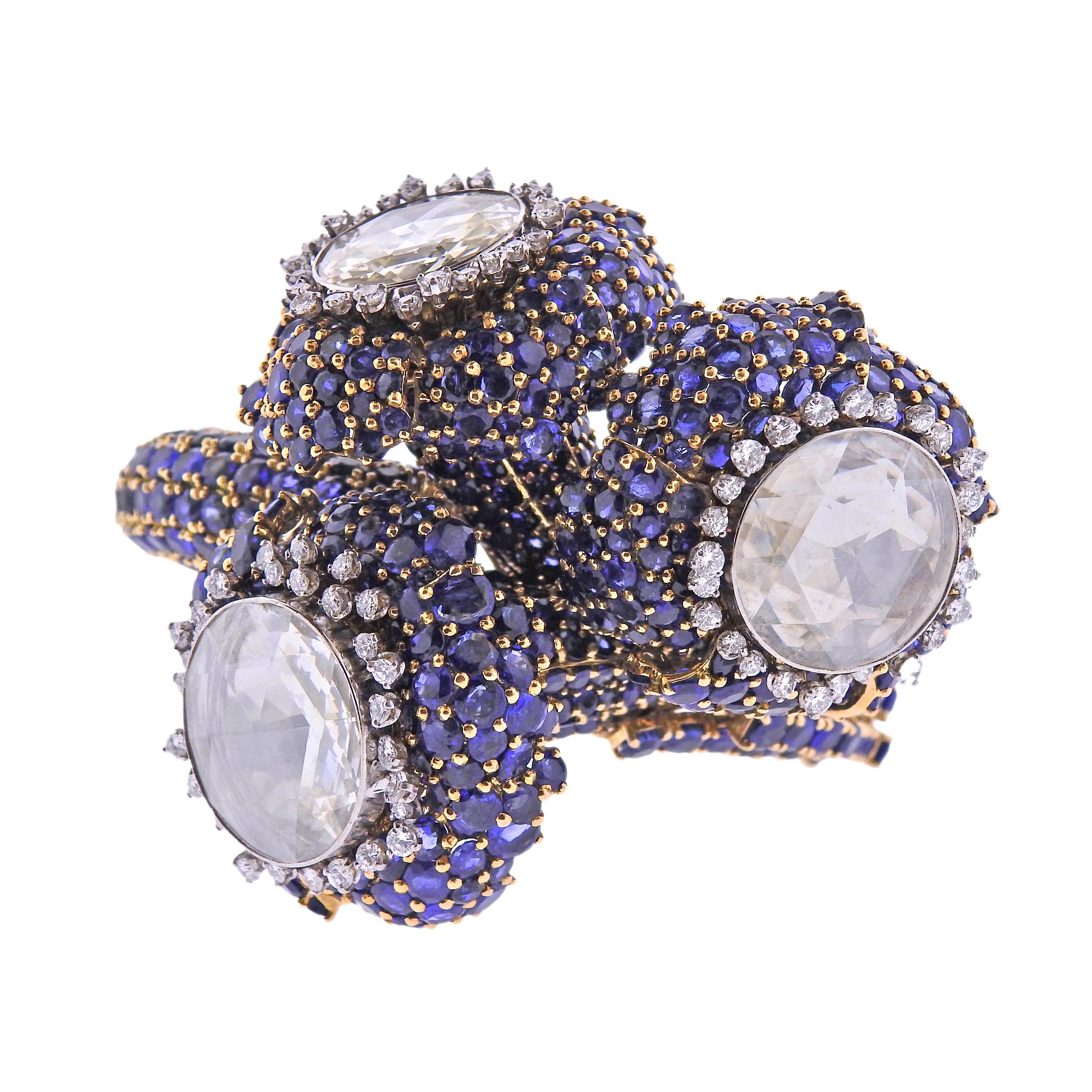 David Webb Gorgeous Iconic Rose Cut Diamond Sapphire Gold Bracelet For Sale