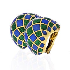 David Webb Green and Blue Checkerboard Enamel Clip-On Earrings
