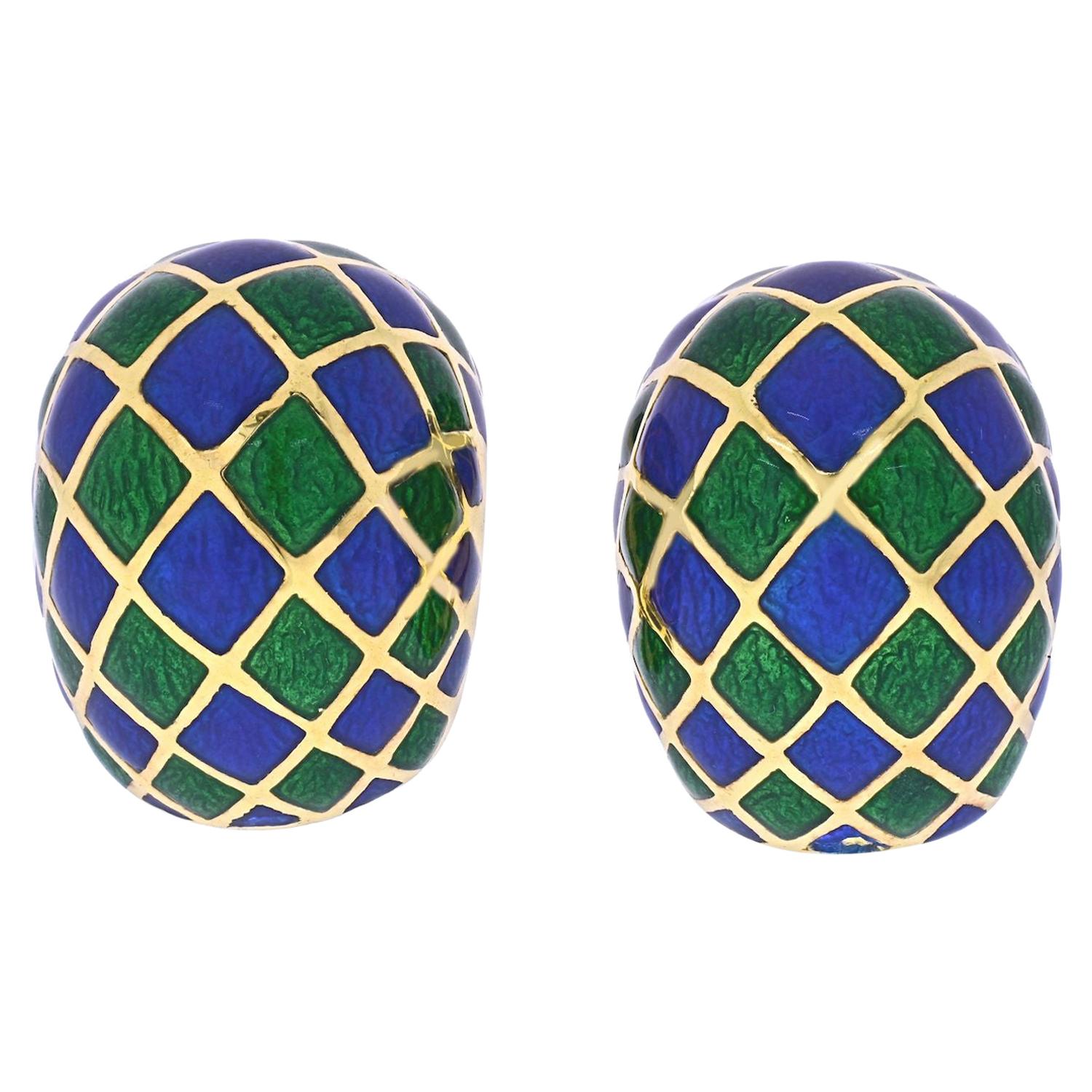 David Webb Green and Blue Checkerboard Enamel Clip-On Earrings For Sale