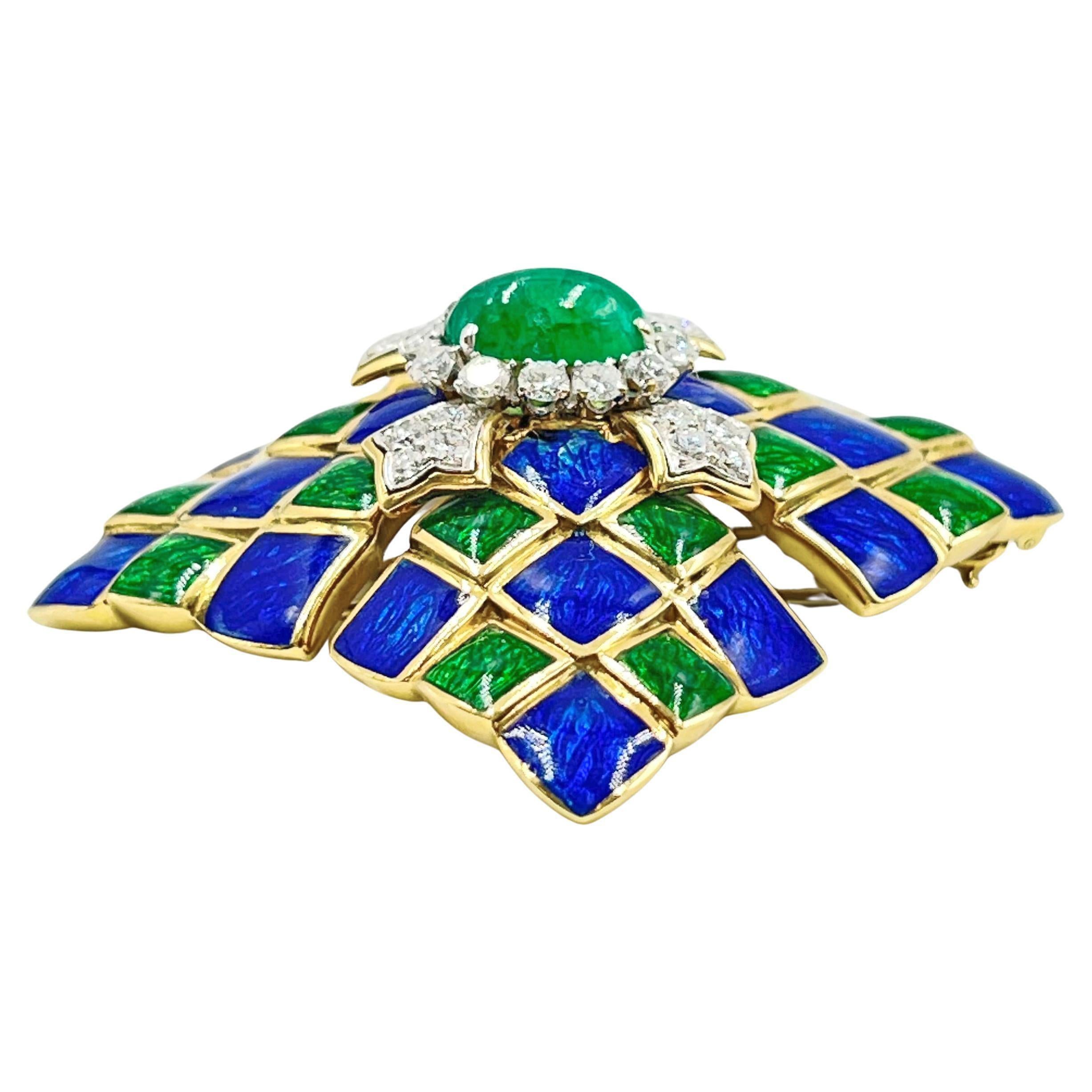 David Webb Green-Blue Enamel Emerald Diamond Pendant Brooch