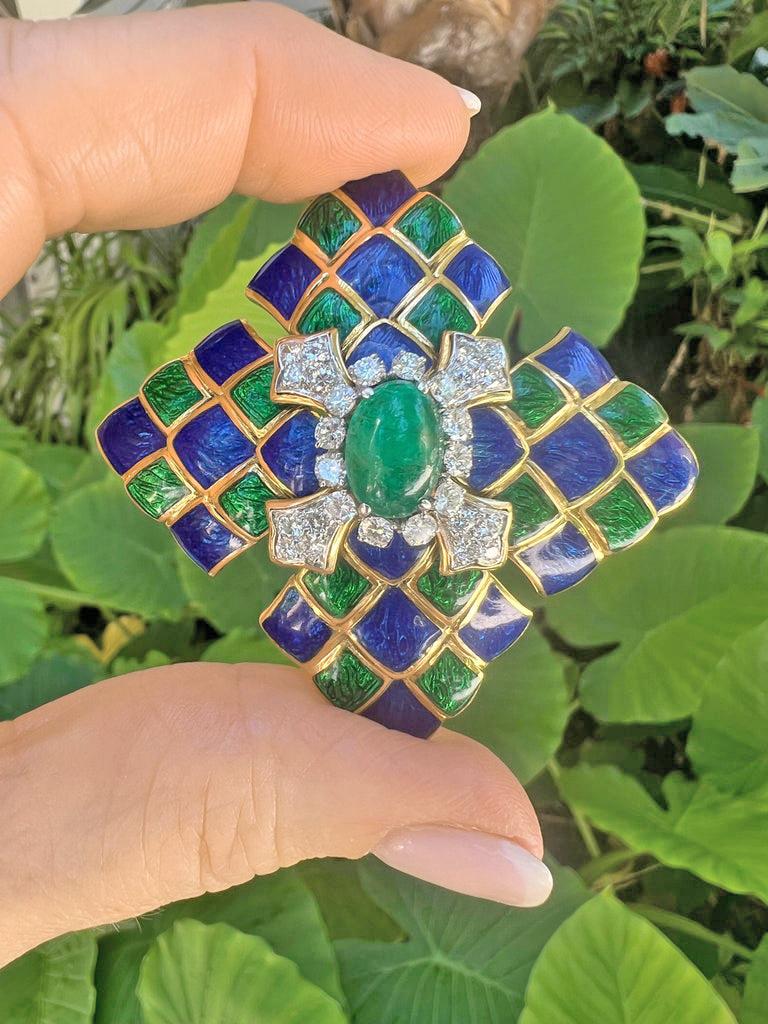 David Webb Broche pendentif émail vert-bleu, émeraude et diamants Excellent état - En vente à Palm Beach, FL