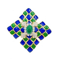 David Webb Green-Blue Enamel Emerald Diamond Pendant Brooch
