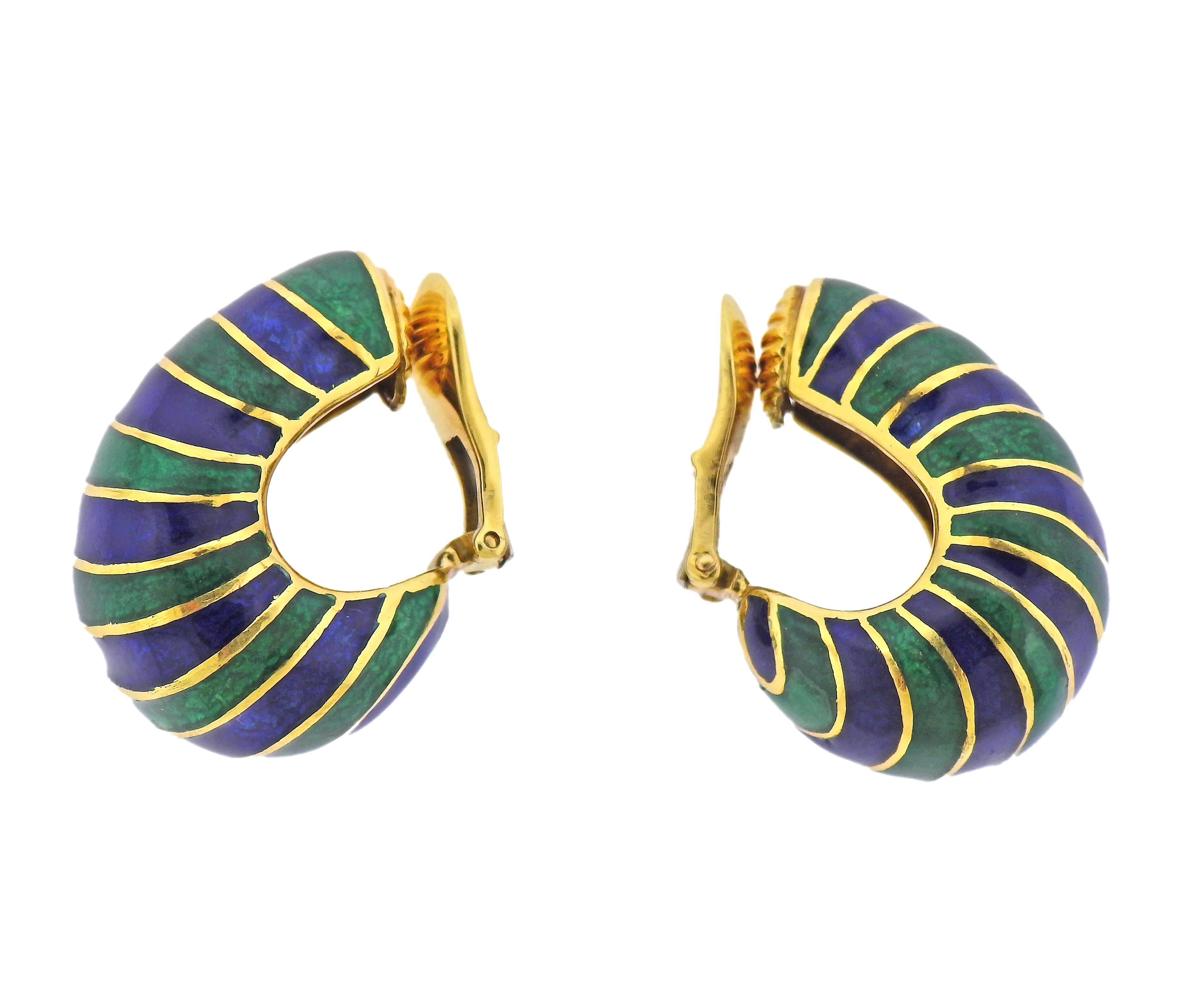 Pair of 18k gold half hoop earrings by David Webb, decorated with blue and green enamel stripes. Earrings are 30mm x 15mm. Marked: Webb, 18k, GA31. Weight - 33.4 grams. 