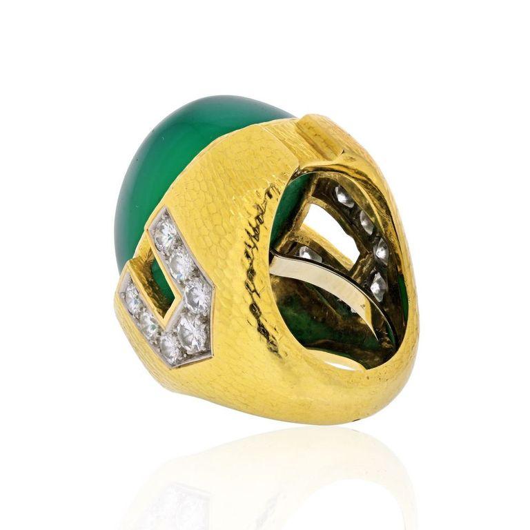 David Webb Green Cabochon Onyx, Diamond Ring crafted in Platinum & 18K Yellow Gold. Amazing 18k yellow gold hammered finish cocktail ring crafted by David Webb. Ring features large green onyx cabochon and approximately 2.25ctw of H/VS-SI1. Ring size