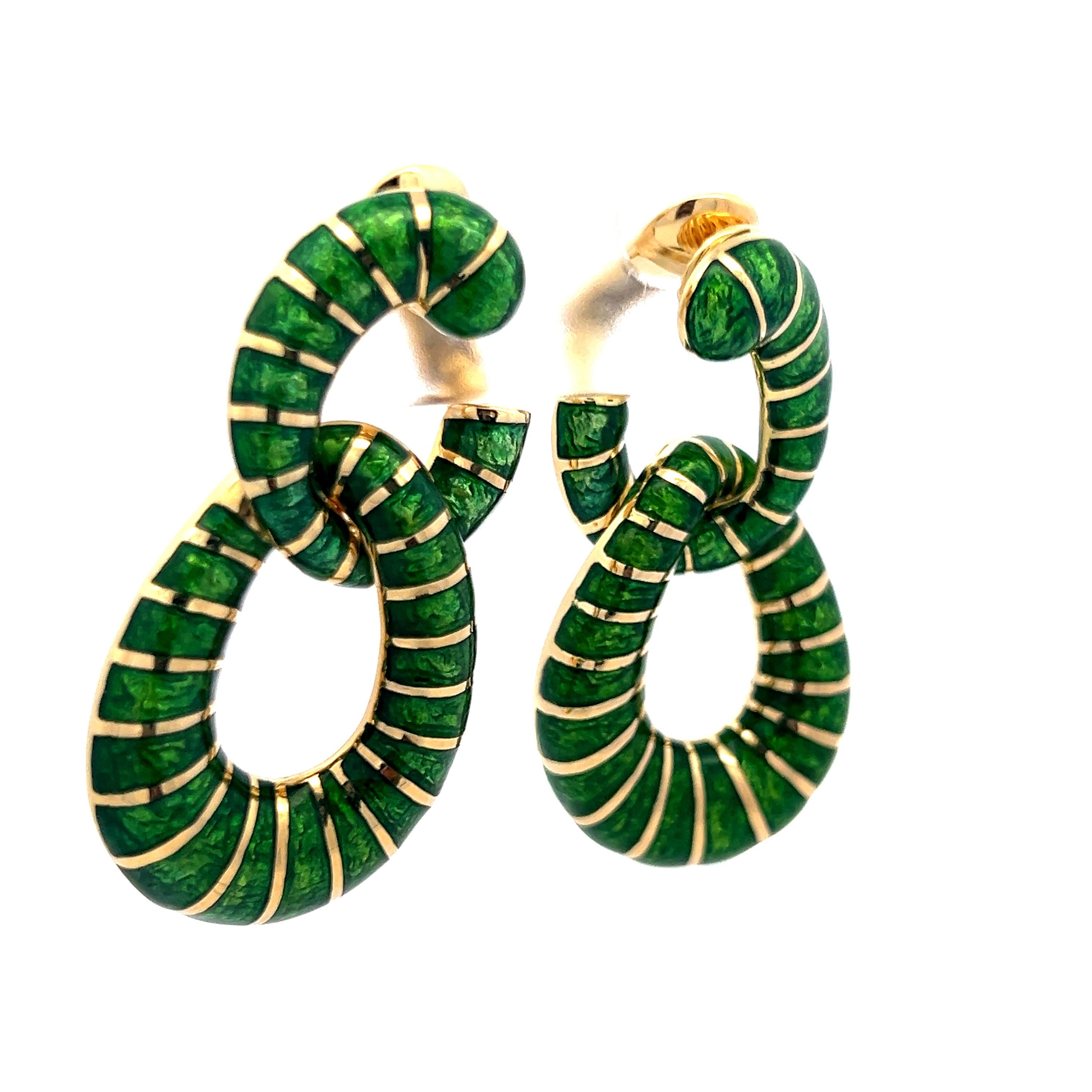 David Webb Green Enamel 18 Karat Yellow Gold Dangling Earrings For Sale 1