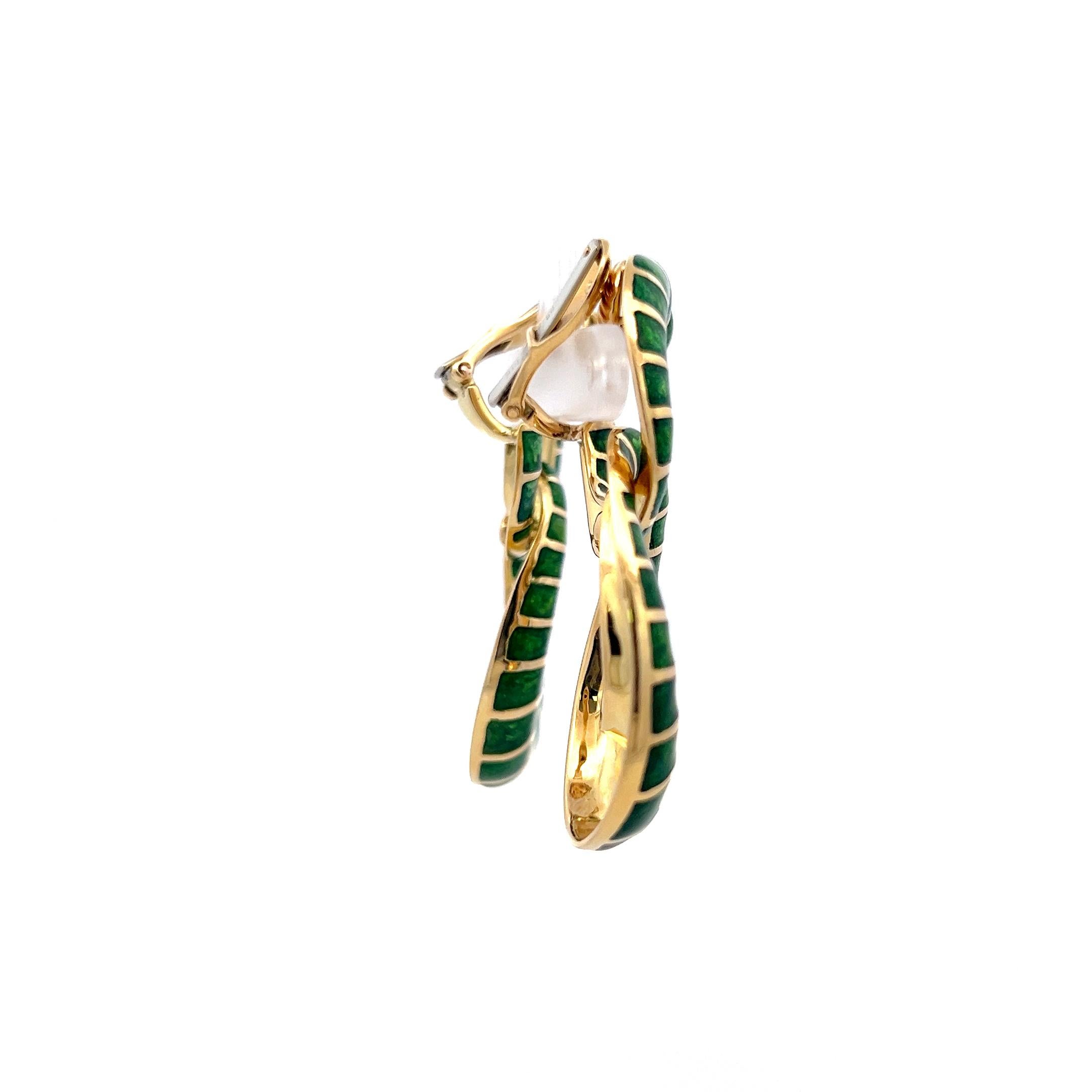 David Webb Green Enamel 18 Karat Yellow Gold Dangling Earrings For Sale 2