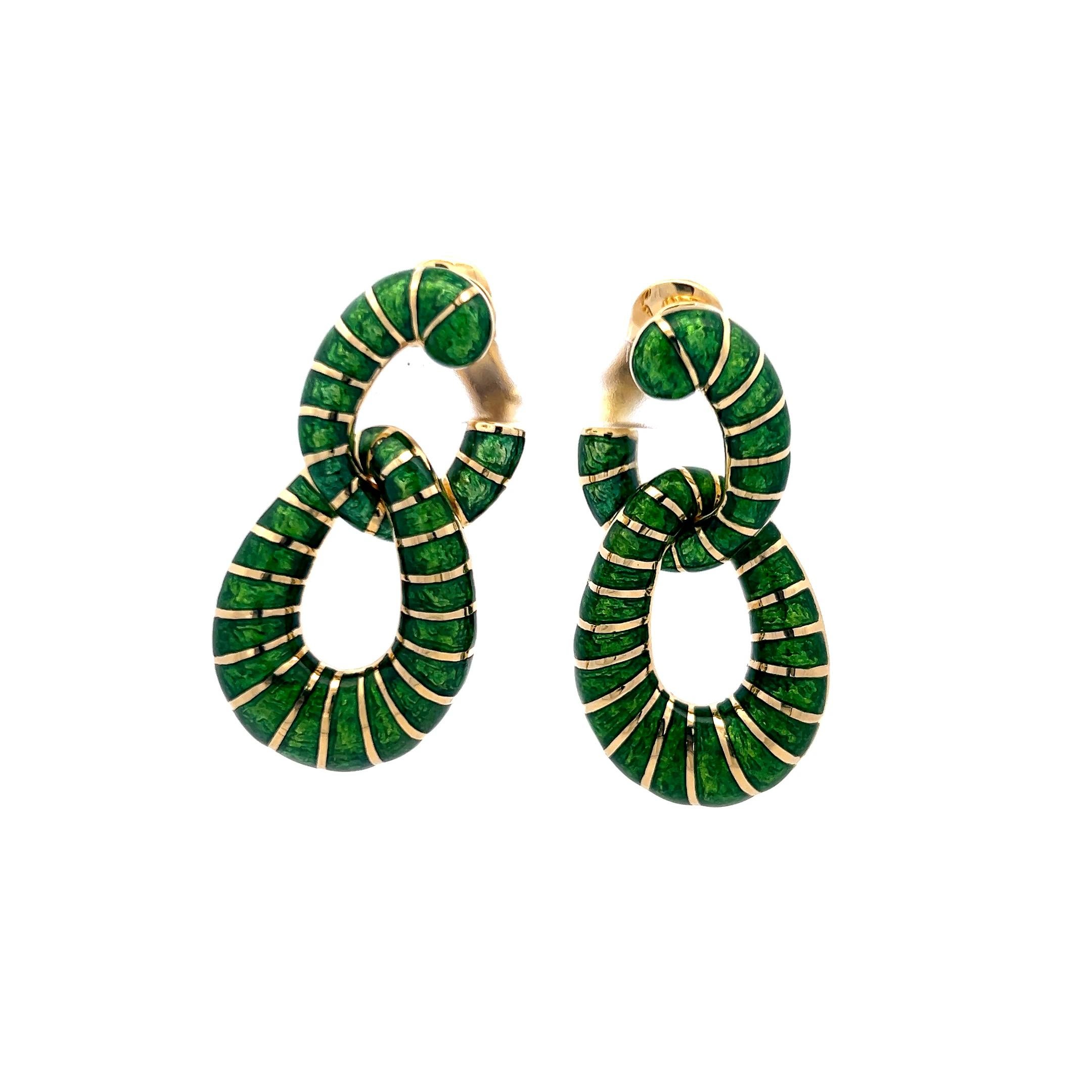 David Webb Green Enamel 18 Karat Yellow Gold Dangling Earrings For Sale 5