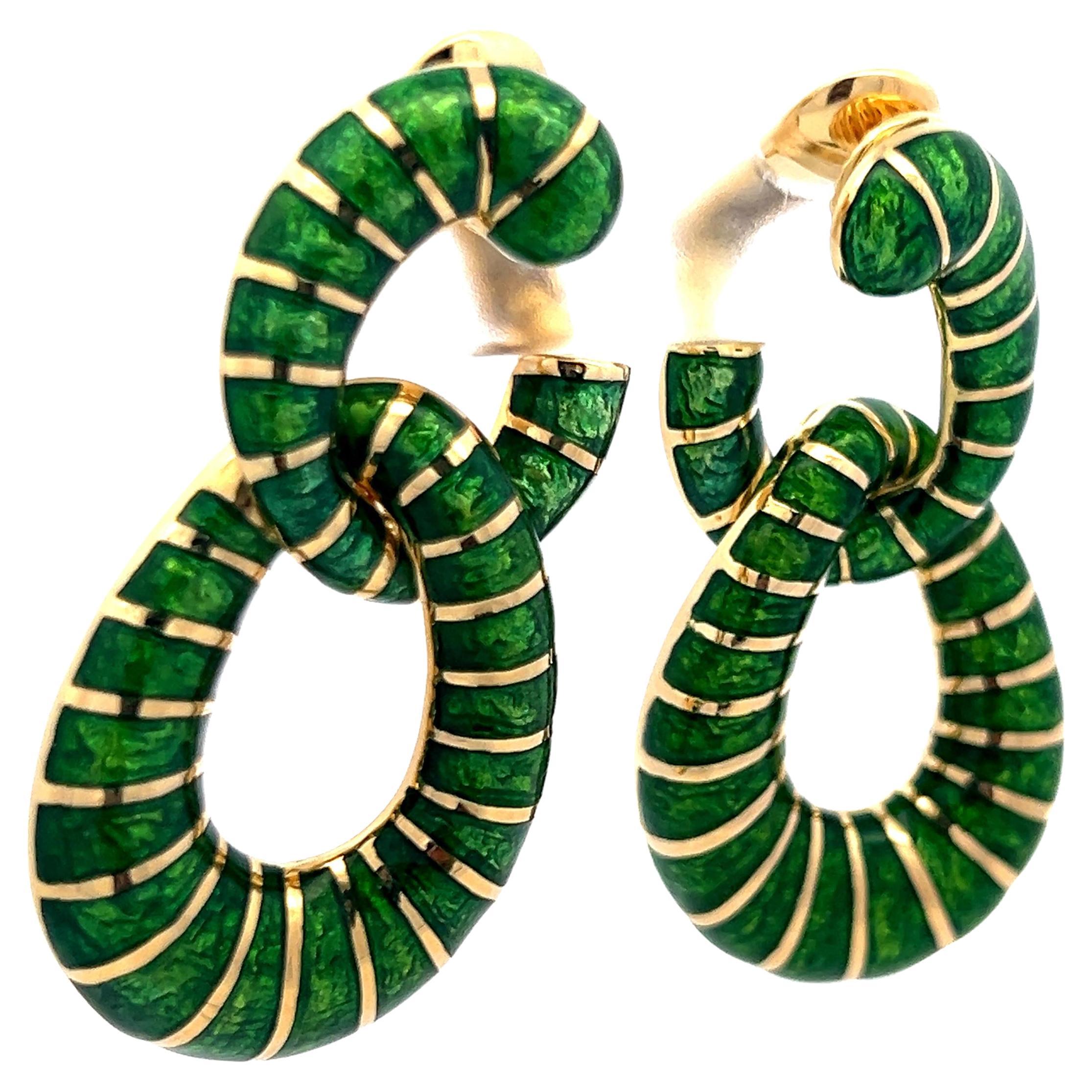 David Webb Green Enamel 18 Karat Yellow Gold Dangling Earrings
