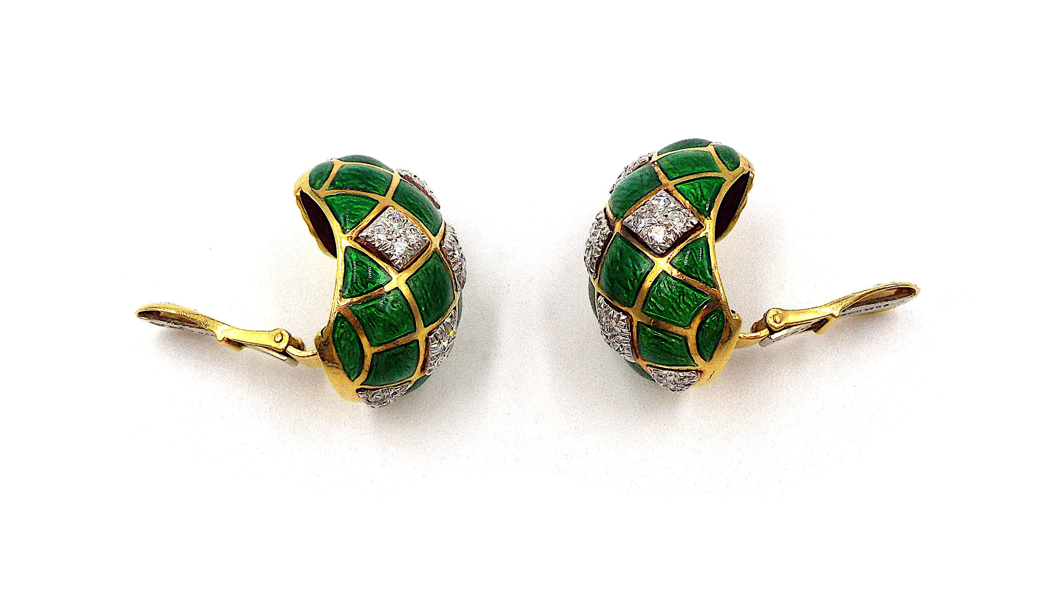 A pair of fancy earrings by David Webb featuring alternating squares of green enamel and diamond clusters set in platinum and 18K yellow gold. Signed David Webb, marked 18K, Plat. Each earring weighs 13.9 grams, dimensions 1
