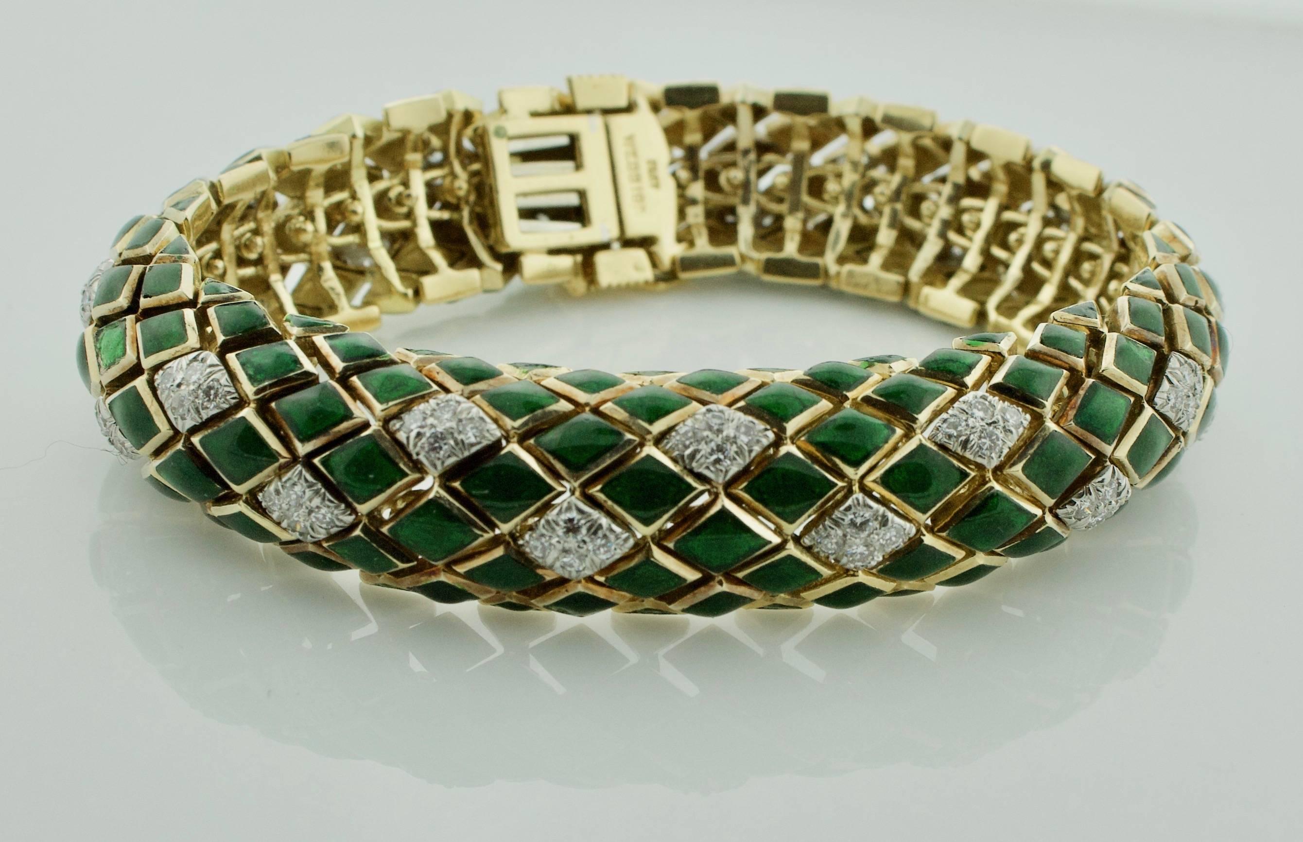 David Webb Green Enamel and Diamond Bracelet in 18k and Platinum  
Ninety Six Round Brilliant Cut Diamonds weighing 3.00 carats approximately
Unlike me its Flexible
David Webb is One Of the Finest Jewelers in The World.  Just Ask Them
7 3/4 inches