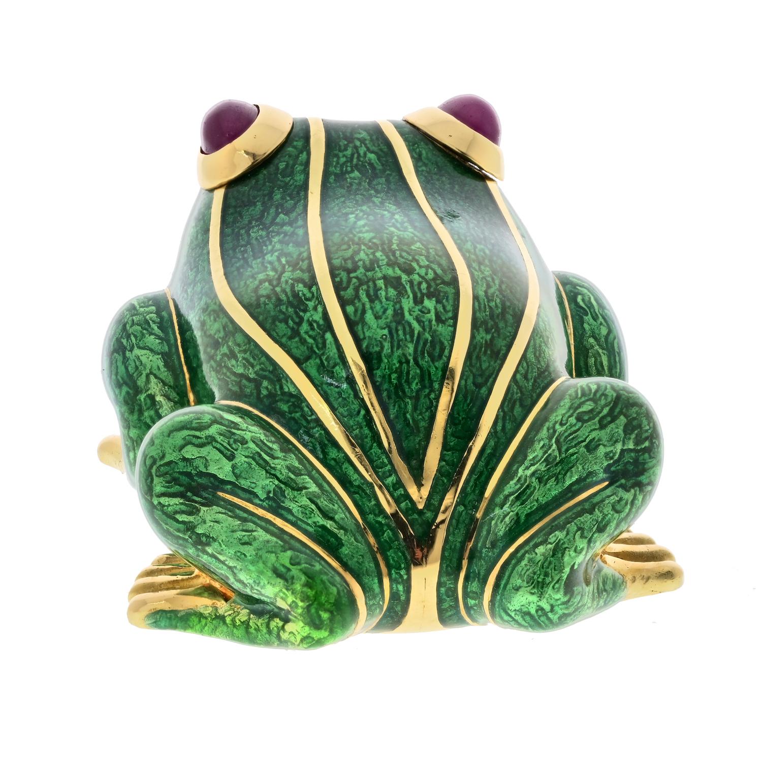 David Webb Pendentif broche grenouille en émail vert et or Pour femmes en vente