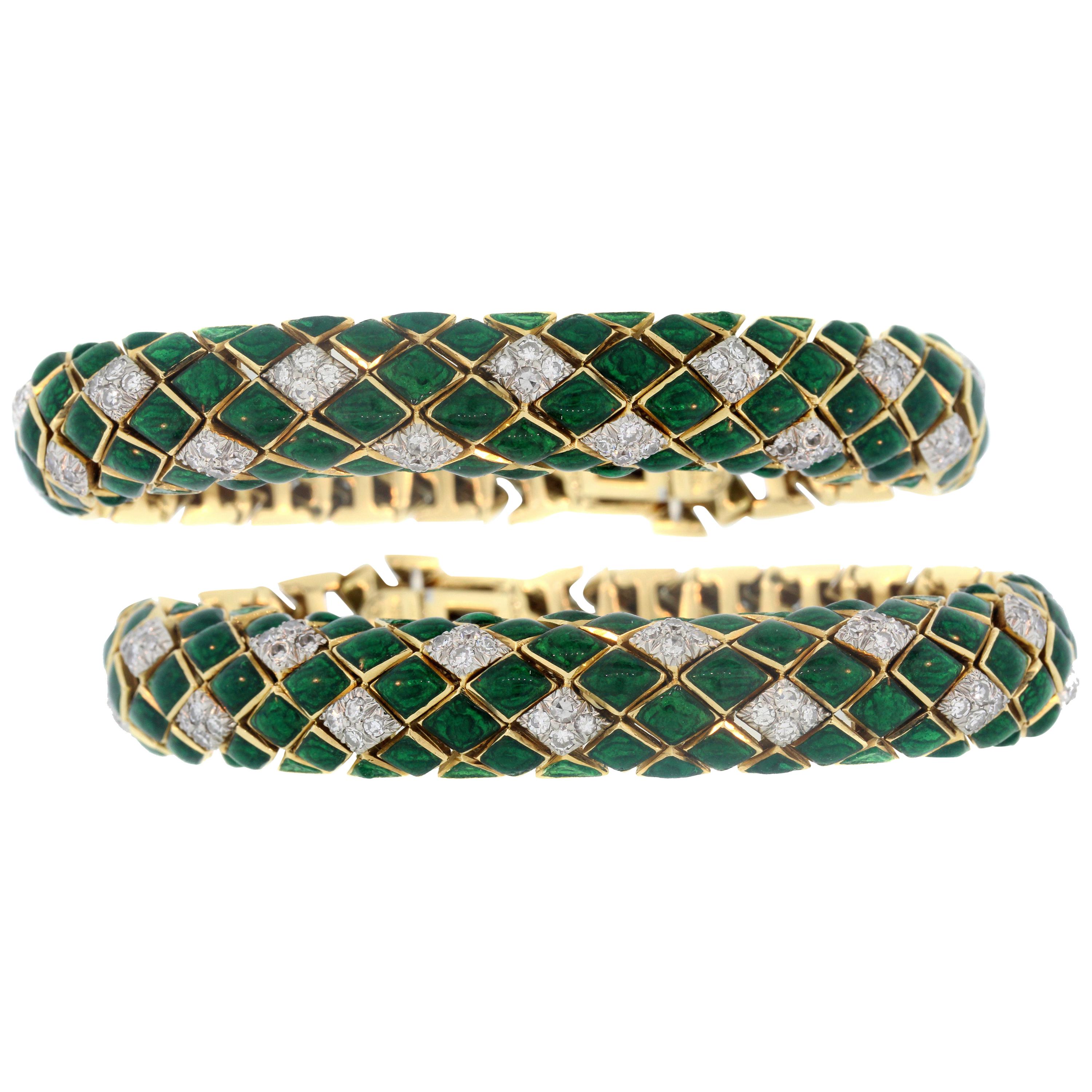 David Webb Green Enamel Diamond 18 Karat Gold Snake Two Bracelets Set