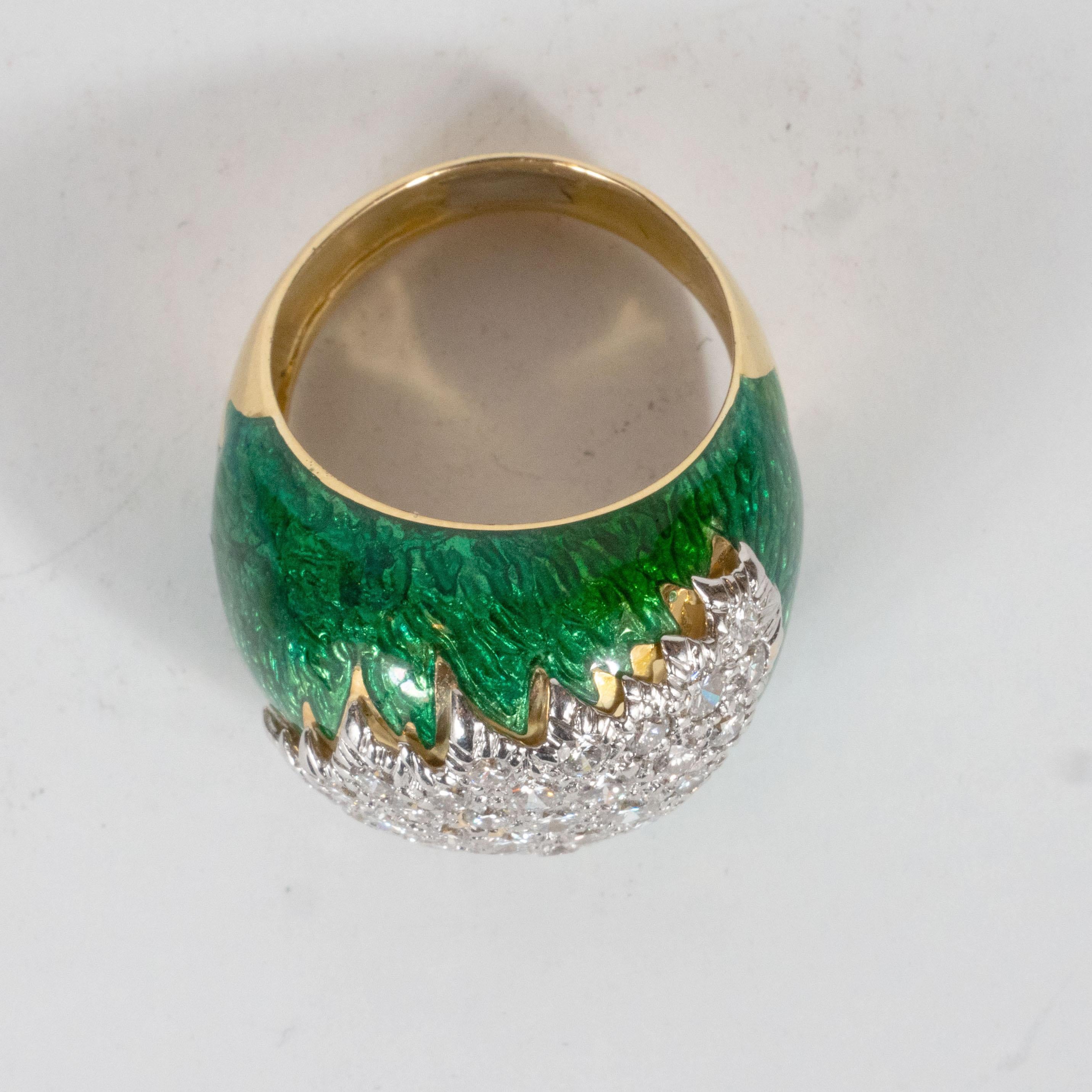 Modern David Webb Green Enamel, Diamond, Gold and Platinum Ring For Sale
