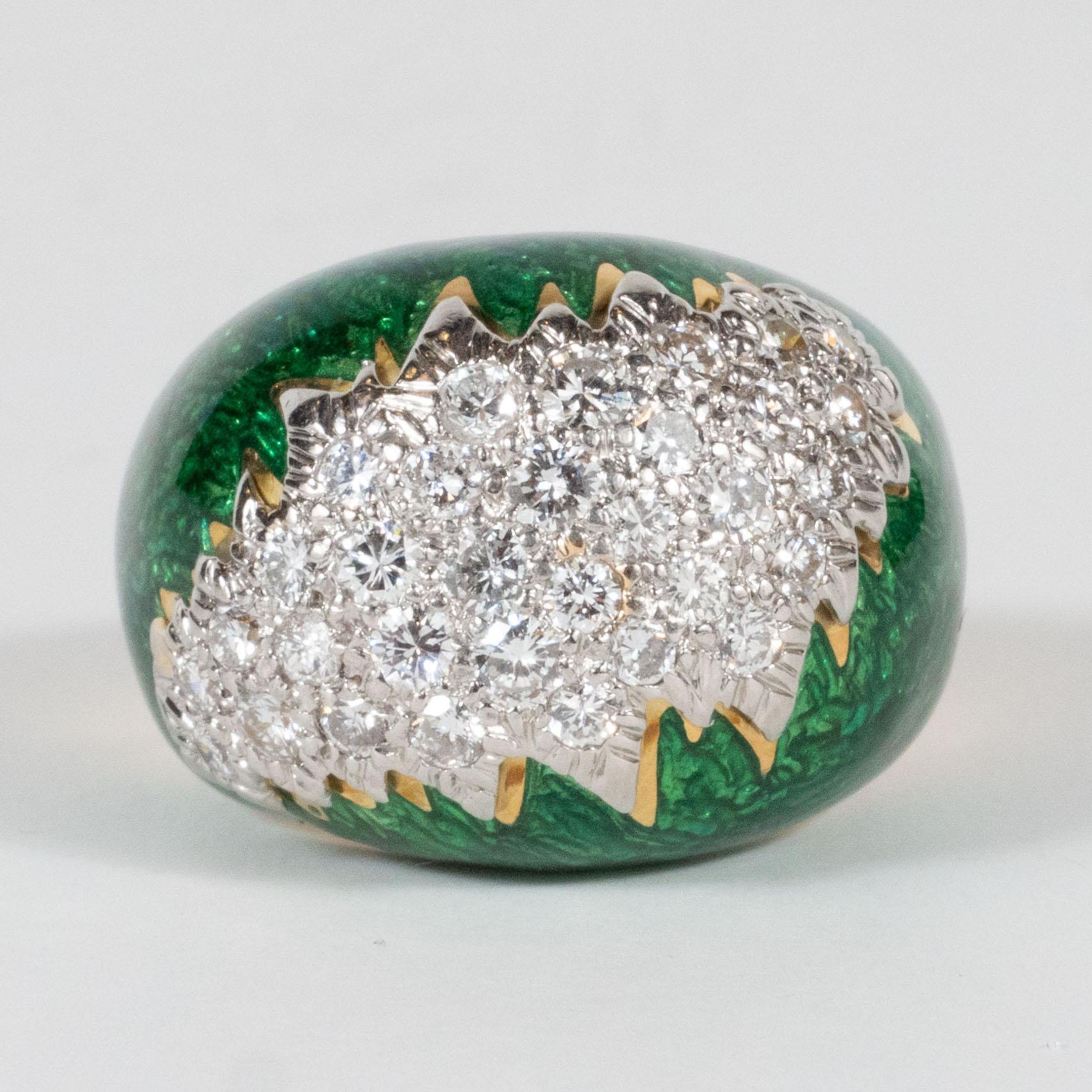David Webb Green Enamel, Diamond, Gold and Platinum Ring For Sale 1