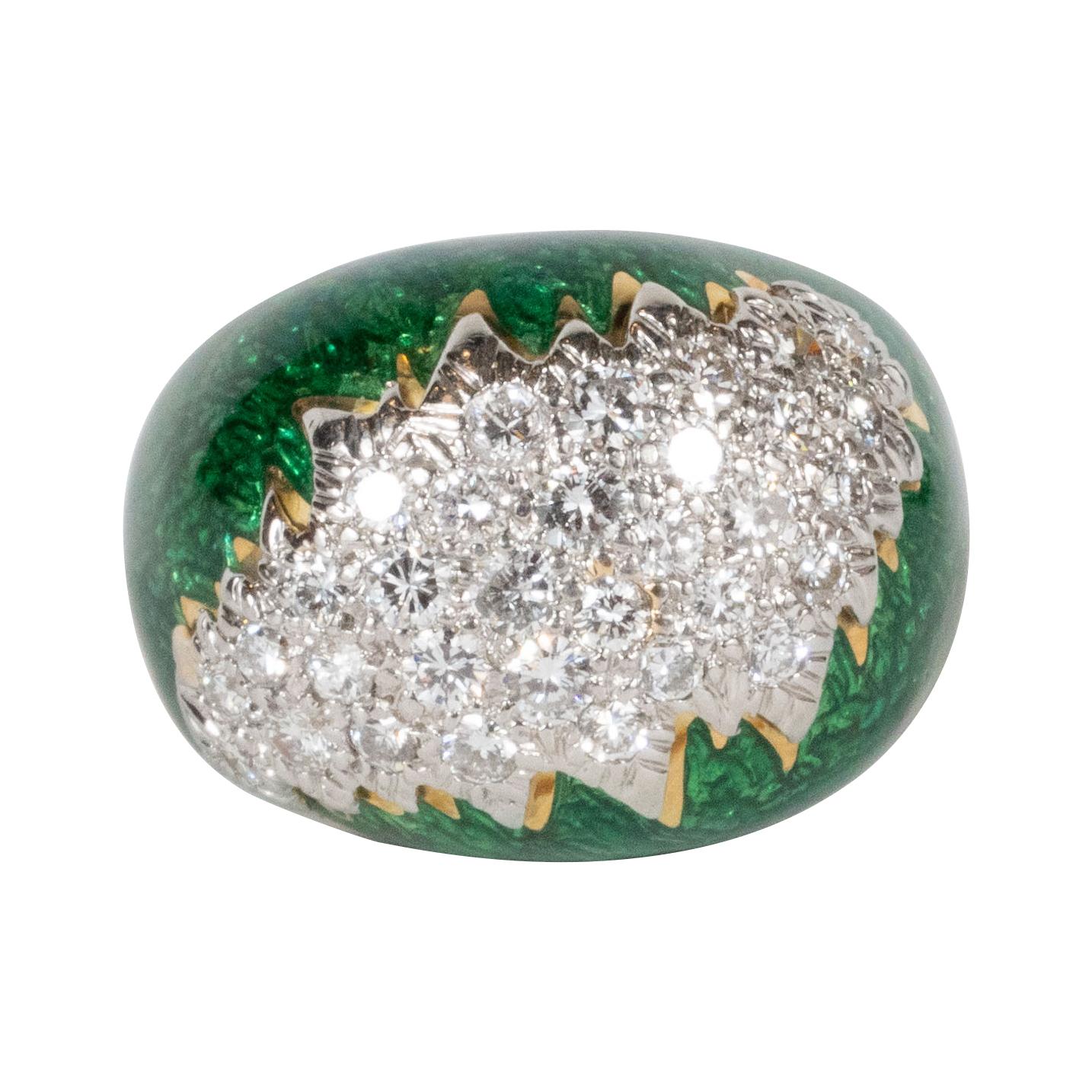 This gorgeous Mid-Century Modern ring was designed and hand crafted by the illustrious jeweler, David Webb, in the United States circa 1970. Created for Webb's boutique on Madison Avenue, this stunning piece is composed of a bombe form in 18-karat