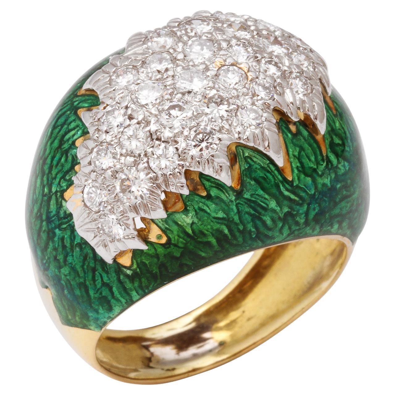 David Webb Green Enamel, Diamond, Gold and Platinum Ring For Sale