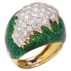 Vintage David Webb Green Enamel, Diamond, Gold and Platinum Ring