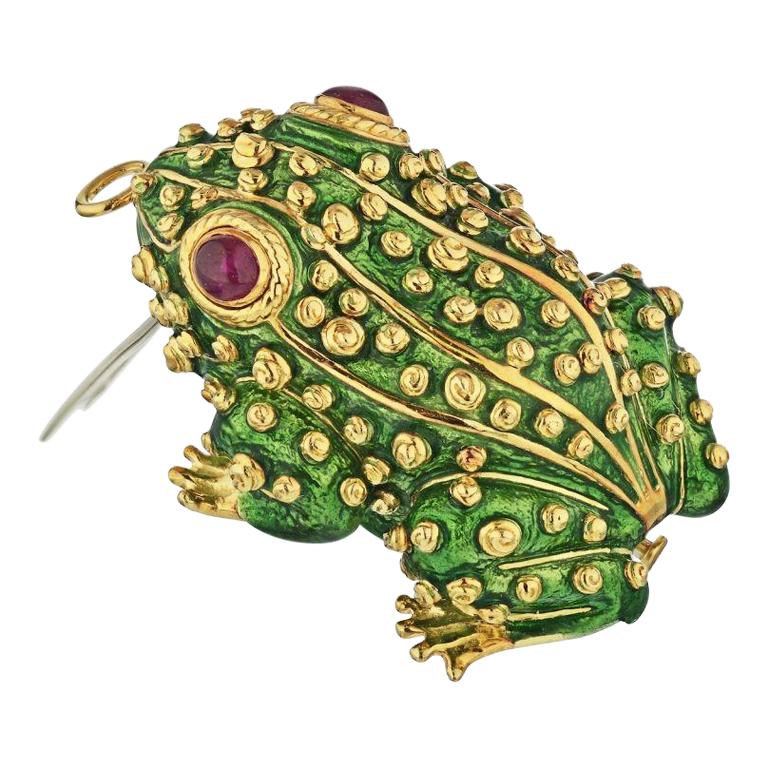 David Webb Green Enamel Frog Pin Brooch