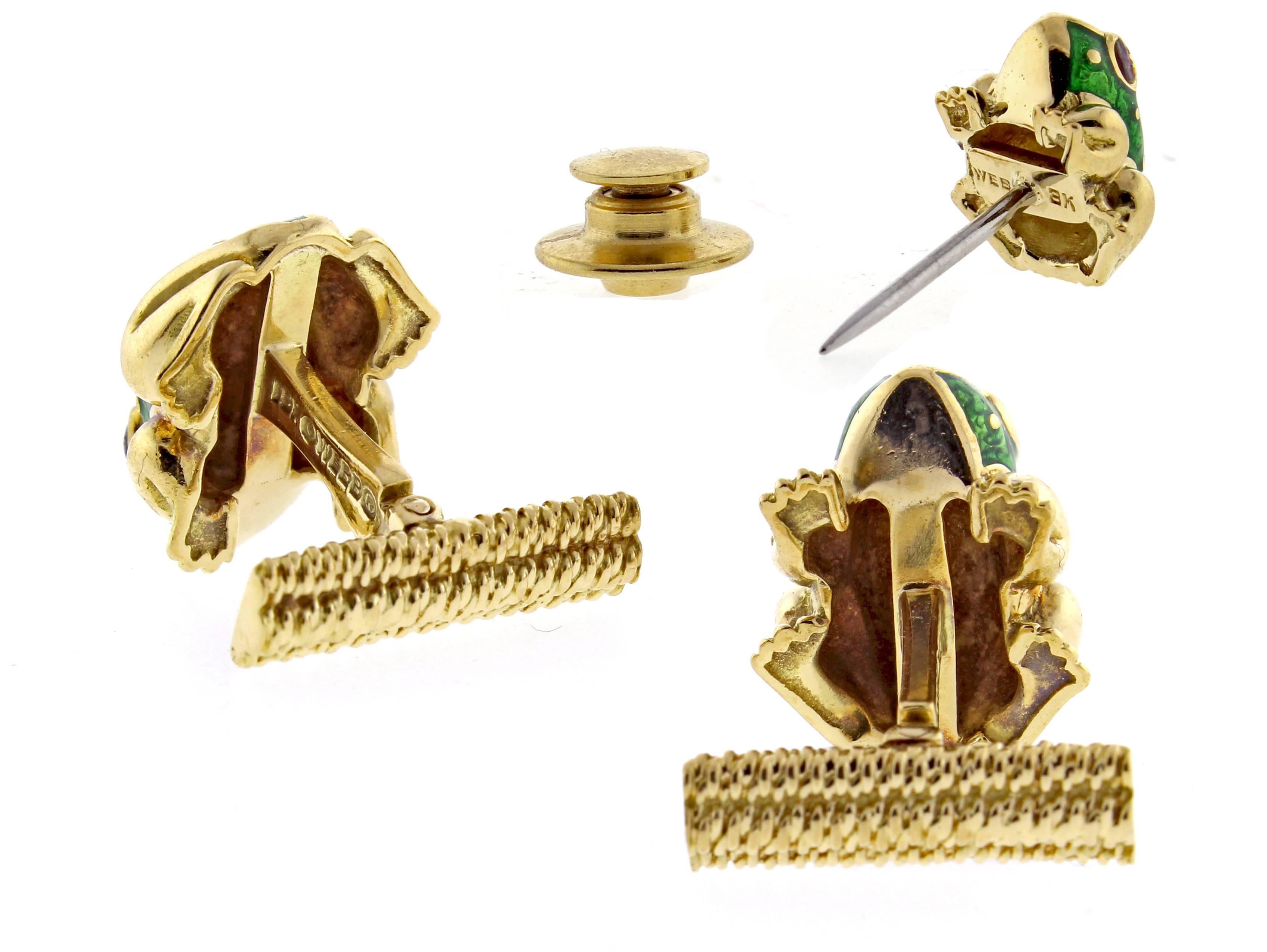 From David Webb, his iconic green and red enamel frog  18 karat gold cufflinks and matching tie tack.  Cufflinks ¾*½ inch