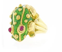 David Webb Green Enamel Gold Frog Ring