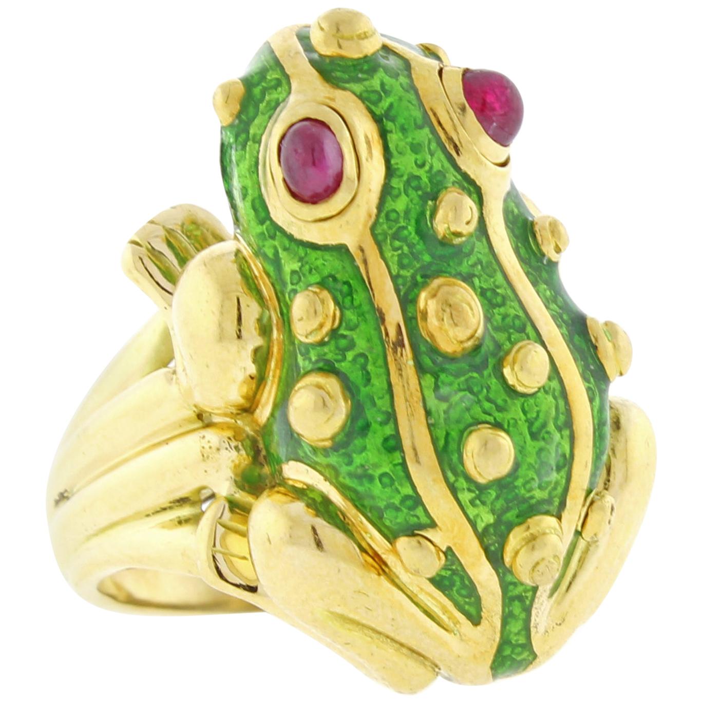 David Webb Green Enamel Gold Frog Ring