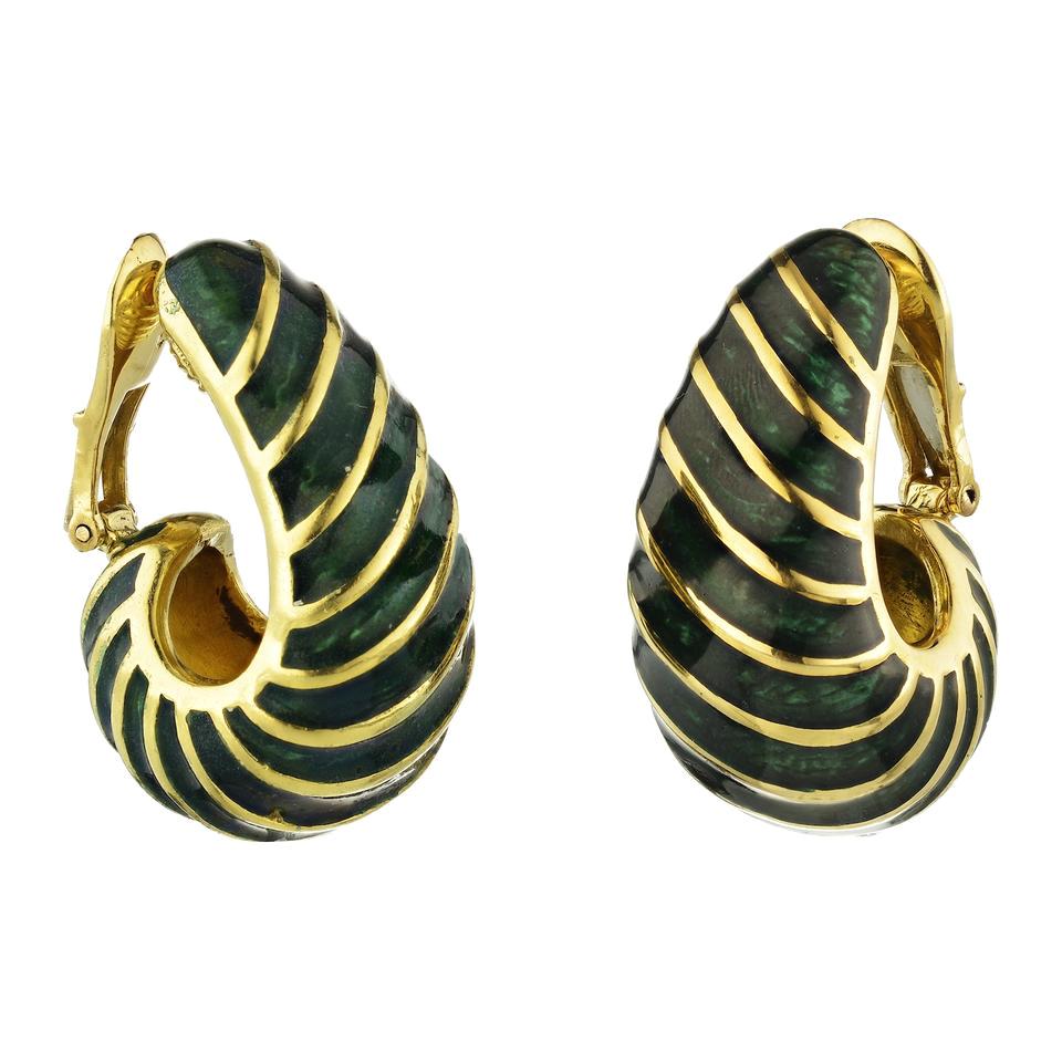 David Webb Green Enamel Gold Half Hoop 18 Karat Yellow Earrings For Sale