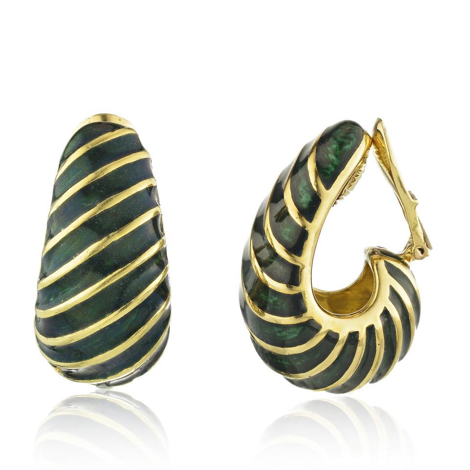Modern David Webb Green Enamel Gold Half Hoop 18 Karat Yellow Earrings For Sale