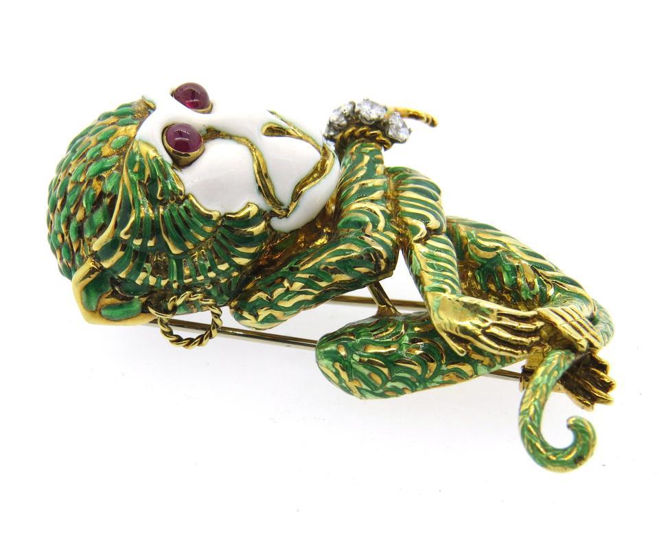 Iconic Whimsical David Webb Enamel Diamond Ruby Gold Platinum Monkey Brooch Pin.

DESCRIPTION:
Large and iconic David Webb piece, decorated with ruby cabochon eyes, approximately 0.40ctw in G/VS diamonds and enamel - depicting a monkey.

METAL: