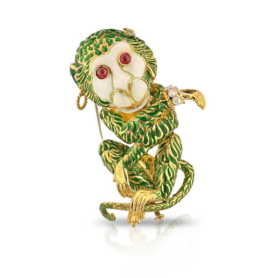 Modern David Webb Green Enamel Gypsy Monkey Brooch Pin