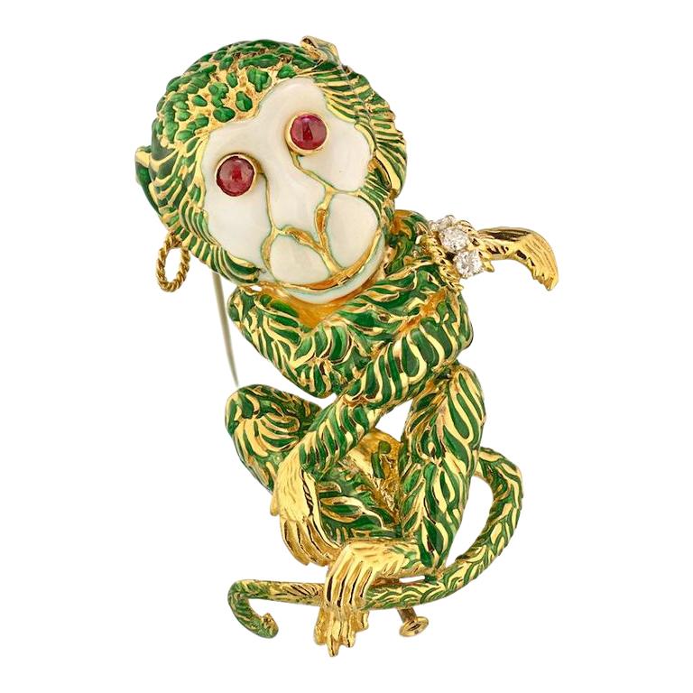 David Webb Green Enamel Gypsy Monkey Brooch Pin
