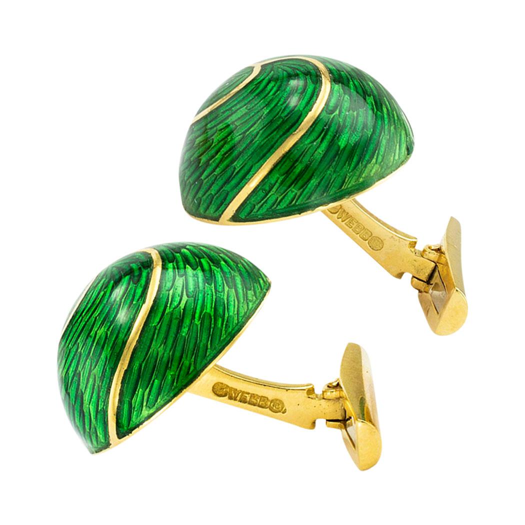 David Webb Green Enamel Yellow Gold Cufflinks 1