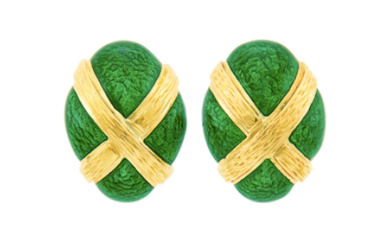 David Webb Green Guilloché Enamel Earclips with an X design, crafted in 18k yellow gold. Made in America, circa 1970.