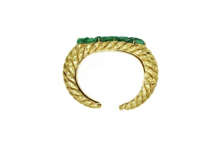 David Webb Carved Green Jade and 18k Yellow Gold Bracelet. Made in the US, circa 1970. 