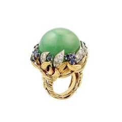 David Webb Green Jade Cabochon with Sapphires and Diamonds Ring