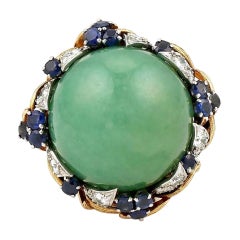 David Webb Green Jade Cabochon with Sapphires and Diamonds Ring