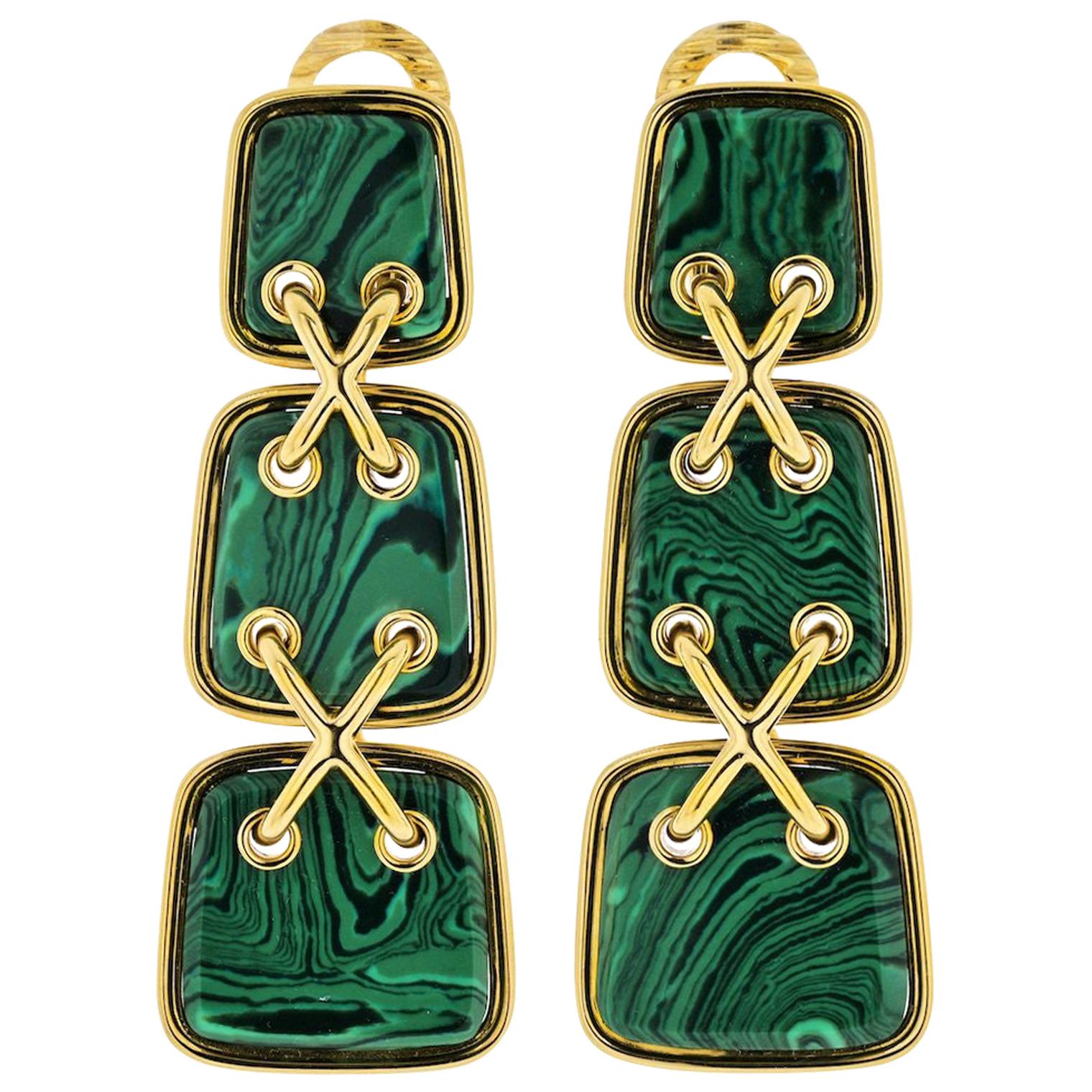 David Webb Green Malachite Cross Stitch Drop Earrings