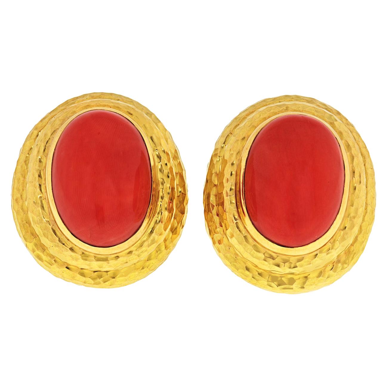 David Webb Hammered 18 Karat Yellow Gold Coral Large Clip-On Earrings