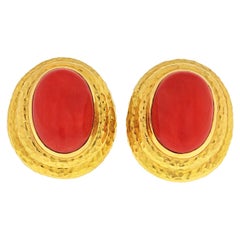 David Webb Hammered 18 Karat Yellow Gold Coral Large Clip-On Earrings