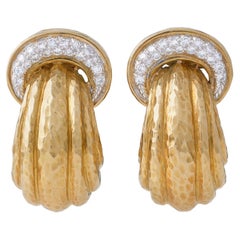 David Webb Hammered 18K Gold and Diamond Hoop Earrings