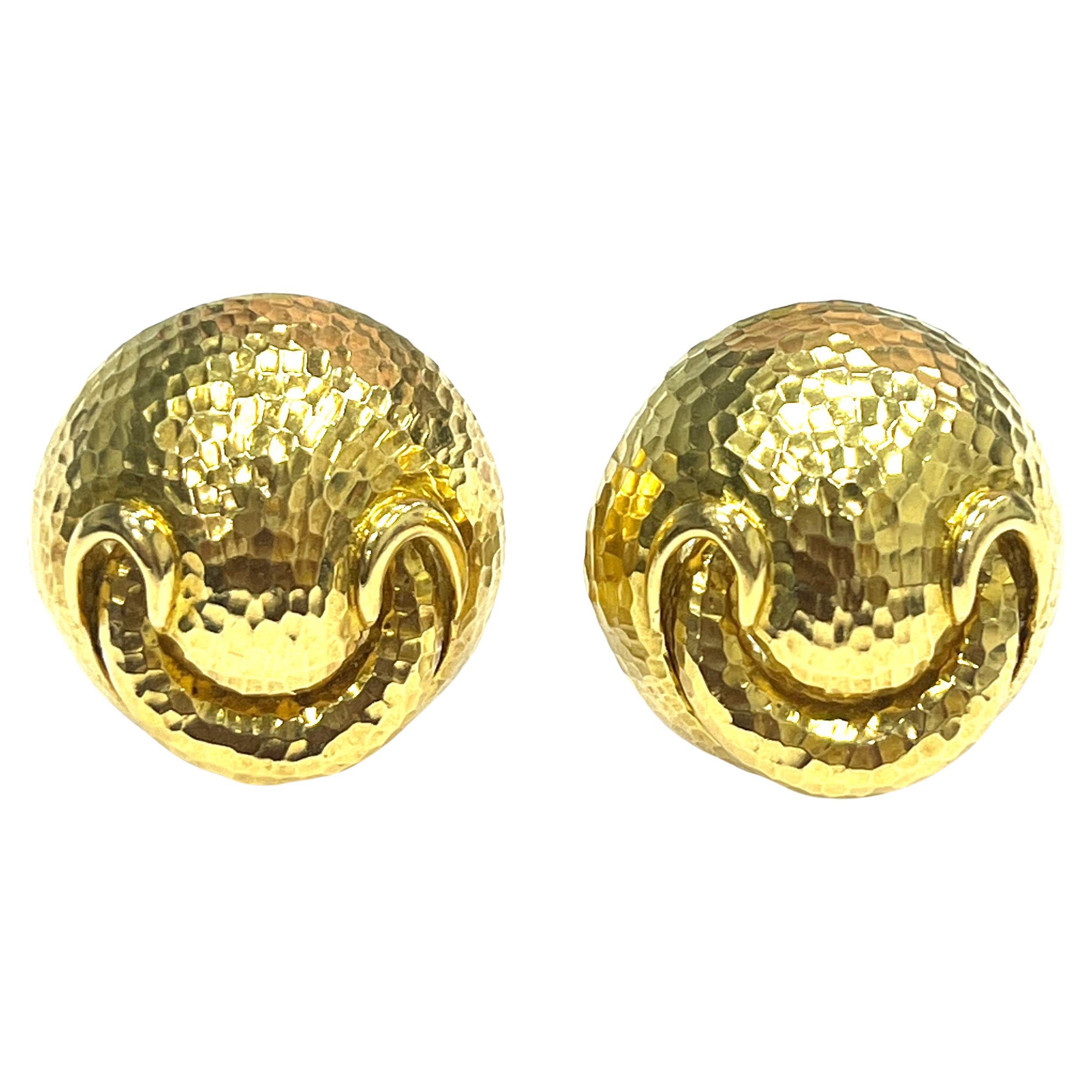 David Webb Hammered 18k Yellow Gold Round Smiley Ear Clips