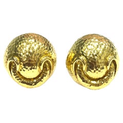 David Webb Hammered 18k Yellow Gold Round Smiley Ear Clips