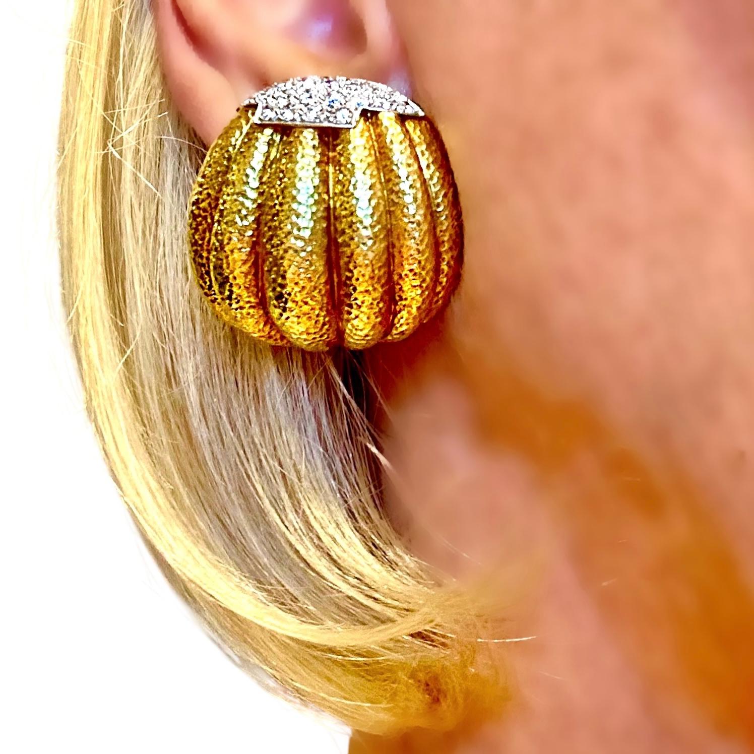 David Webb Hammered Fluted Gold Earrings With Diamond Encrusted Accents For Sale 4