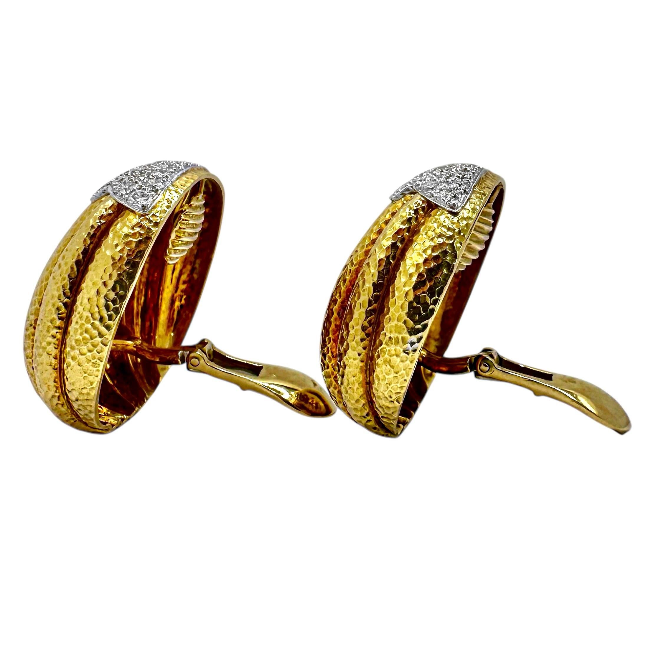 Brilliant Cut David Webb Hammered Fluted Gold Earrings With Diamond Encrusted Accents For Sale
