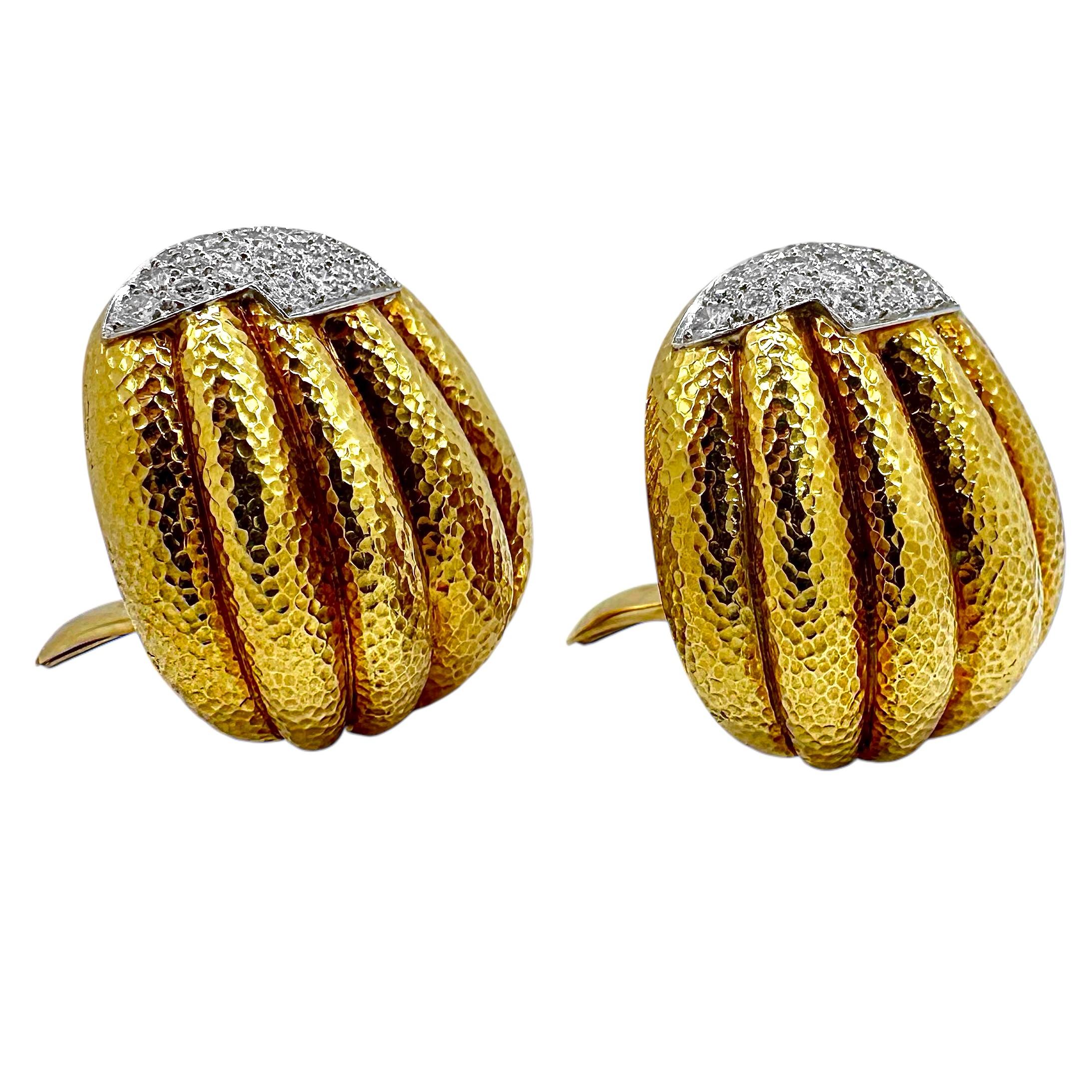 David Webb Hammered Fluted Gold Earrings With Diamond Encrusted Accents For Sale 1