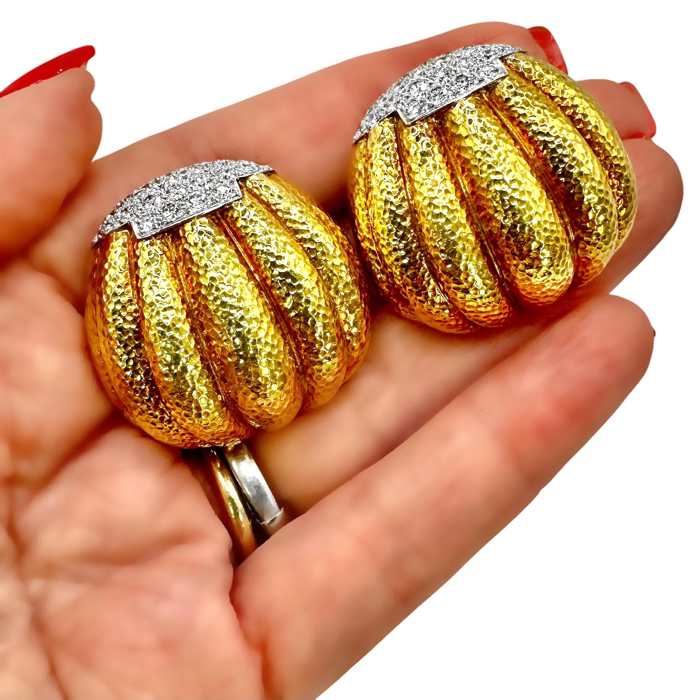 David Webb Hammered Fluted Gold Earrings With Diamond Encrusted Accents For Sale 3