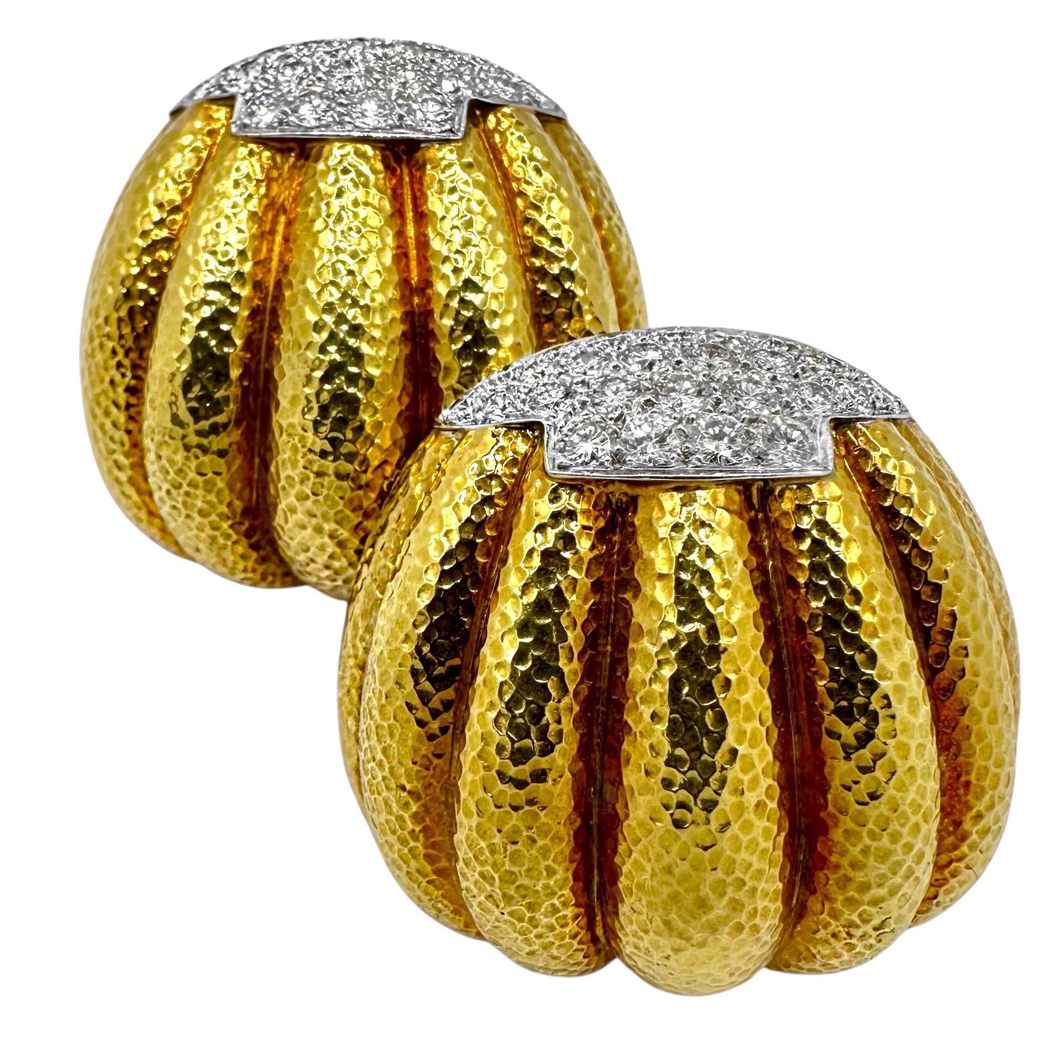 David Webb Hammered Fluted Gold Earrings With Diamond Encrusted Accents