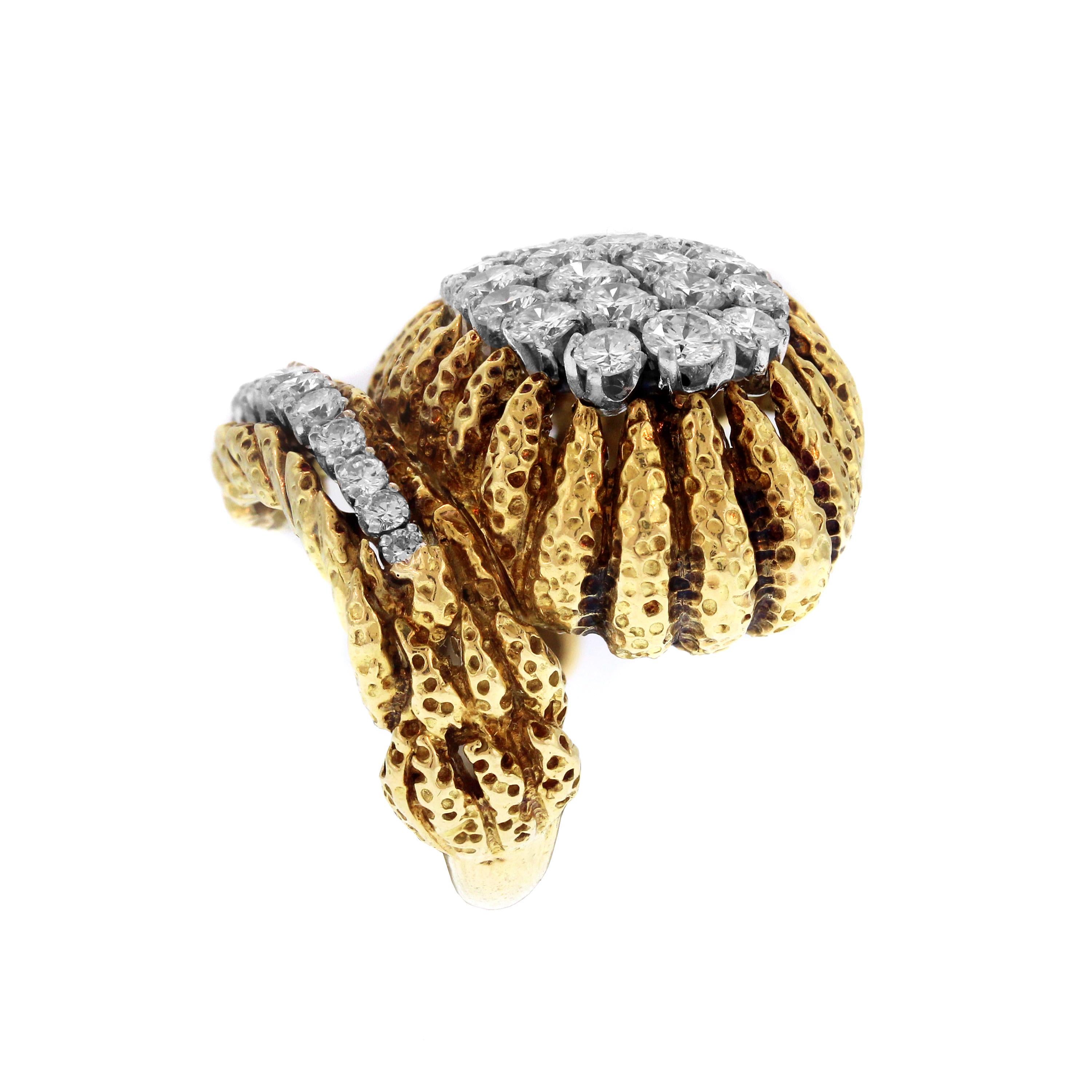 Round Cut David Webb Hammered Gold and Platinum Diamond Ring