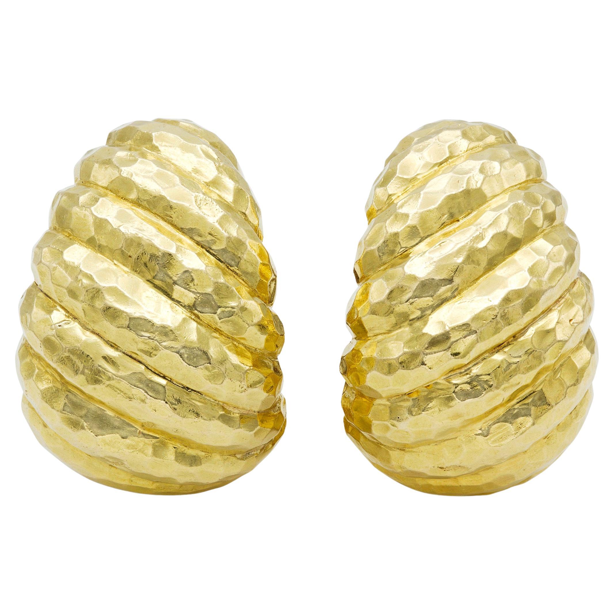 David Webb Hammered Gold Shrimp Style Earrings For Sale