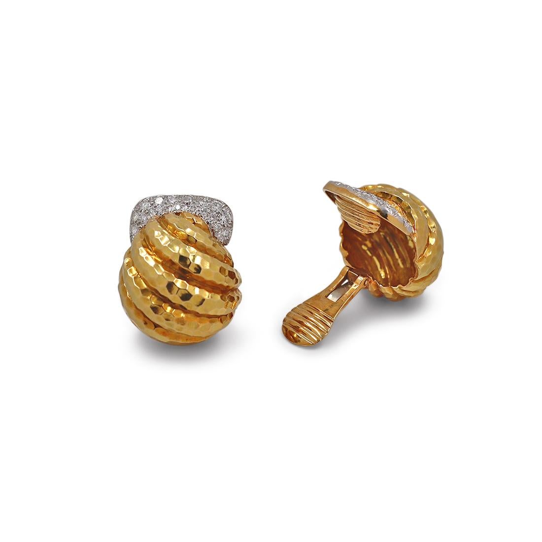 David Webb Hammered Yellow Gold and Diamond Earrings In Excellent Condition In New York, NY